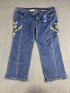 Poppy Womens Plus Size 22W Embroidered Jeans Straight-Leg Blue Floral NWT